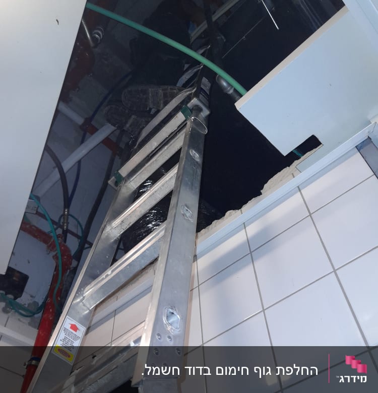 סולם מתכת מוביל לתקרה עם צינורות ירוקים ואדומים
